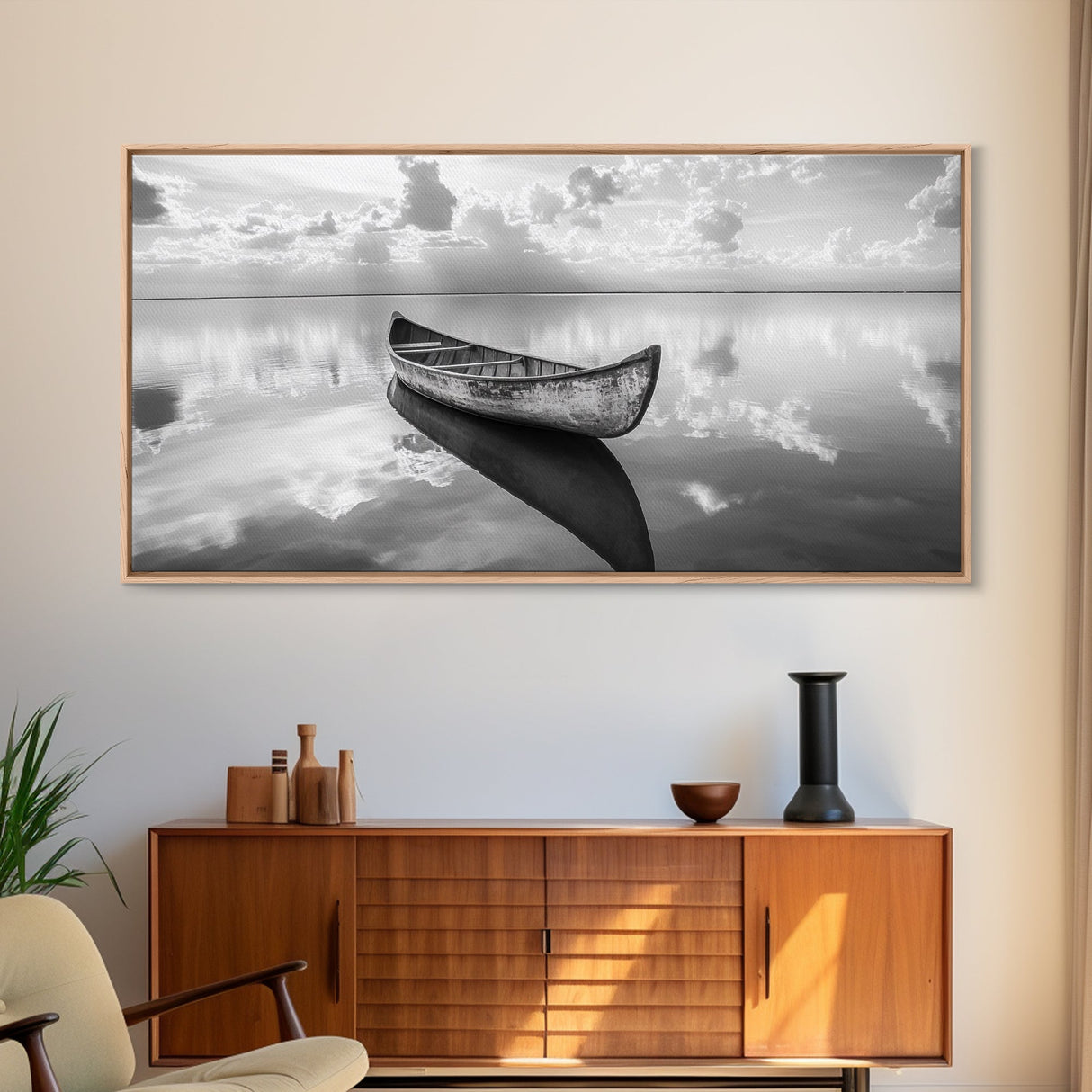 Tranquil Canoe Reflection, lake Tahoe art, nautical decor, seascape painting, coastal landscape art, panoramic painting, framed canvas print