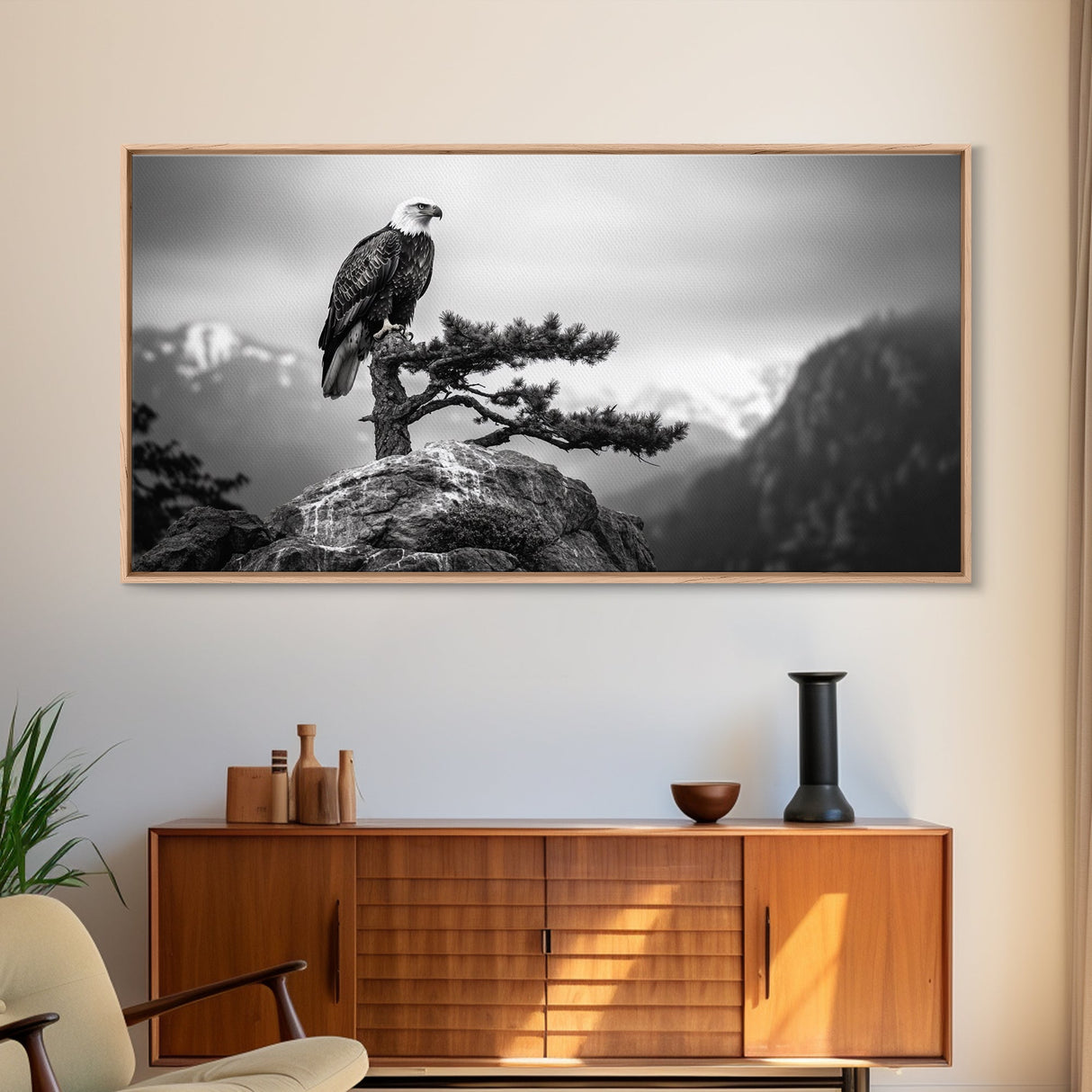 Majestic Bald Eagle, pine tree art, bird art, nature photography, mountain painting, wildlife art, extra wide art, framed canvas print