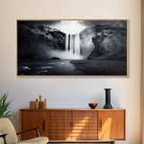 Powerful Waterfall Mist, nature wall art, moody art, mountain painting, black and white photography, dramatic landscape, framed canvas print