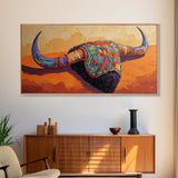 Vibrant Bull Skull, southwest wall art, rustic decor, boho art, moody art, unique gift idea, bright bold painting, framed canvas print