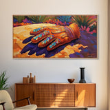 Embroidered Leather Glove, cowboy painting, rustic decor, western art, textured painting, colorful art, vibrant rustic scene, canvas print