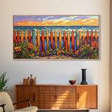 Vibrant Coastal Fence, beach decor, coastal landscape art, coastal wall art, nautical painting, extra wide art, framed canvas print