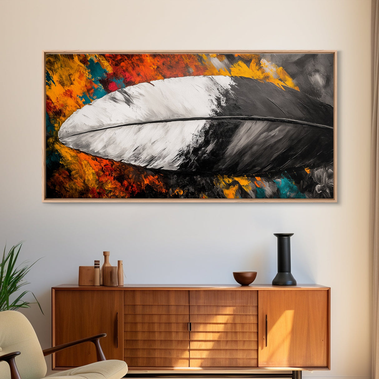Feather Painting, whimsical art, black and white painting, abstract painting, moody art, colorful background, modern decor, Framed Canvas Print