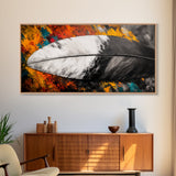 Feather Painting, whimsical art, black and white painting, abstract painting, moody art, colorful background, modern decor, Framed Canvas Print