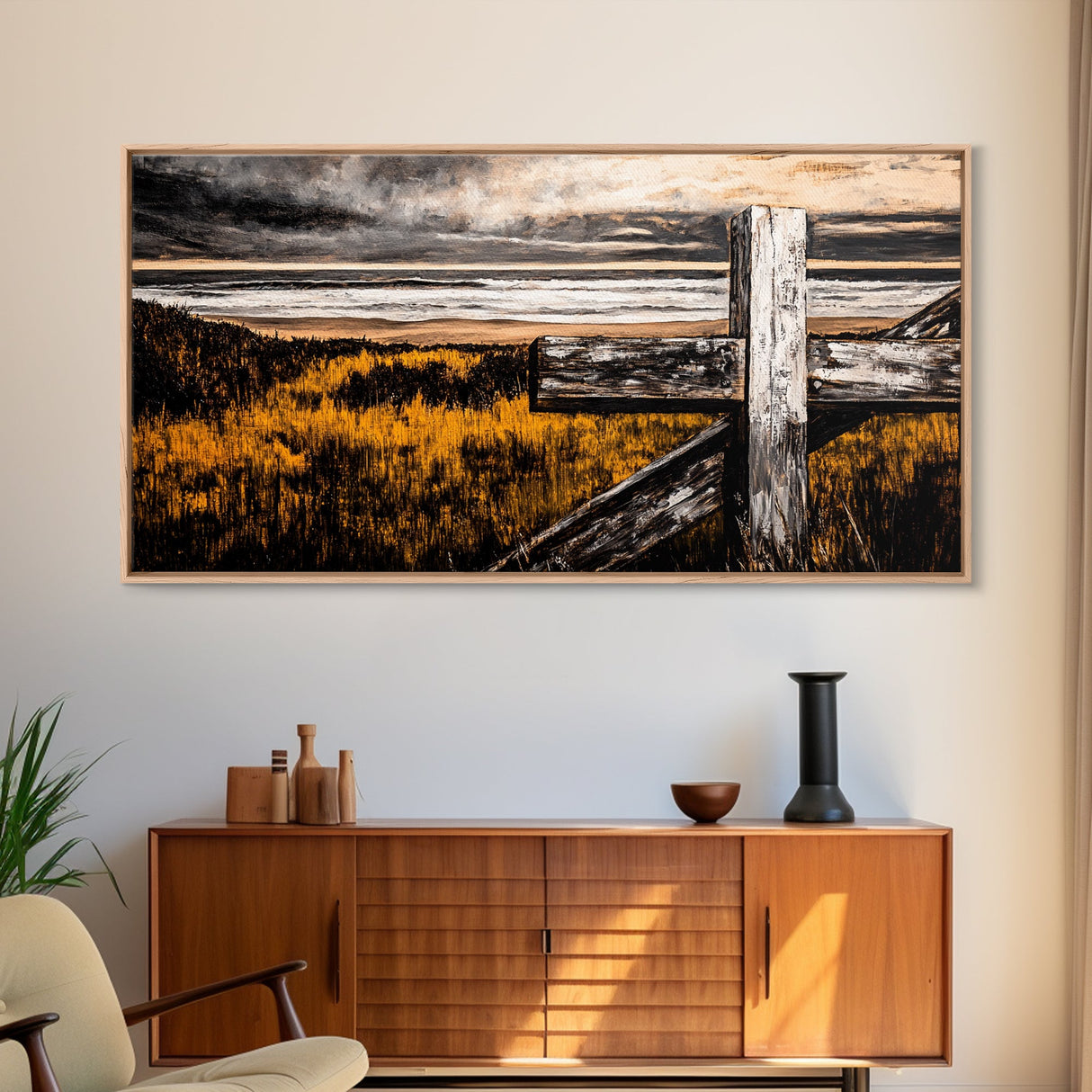 Rustic Cross, coastal landscape art, farmhouse art, nautical wall art, inspirational wall decor, beach house decor, Canvas Print