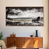 Covered Wagon, barn landscape oil painting, rustic wall art, farmhouse decor, panoramic art, smoky mountain art, Framed Canvas Print, landscape