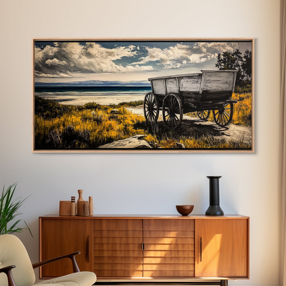 Seaside Wagon, coastal decor, nautical wall art, Maine oil painting, rustic wall art, landscape painting, extra wide art, framed canvas print
