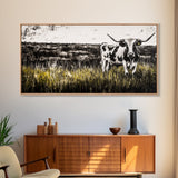 Longhorn Cattle, rustic wall art, farmhouse art, black cowgirl painting, extra wide art, framed canvas print, panoramic painting