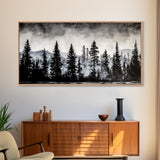 Pine Tree Forest, Moody Landscape Painting, Black and White Wall Art, Nature Wall Art, Extra Wide Art, Framed Canvas Print, Rustic Decor