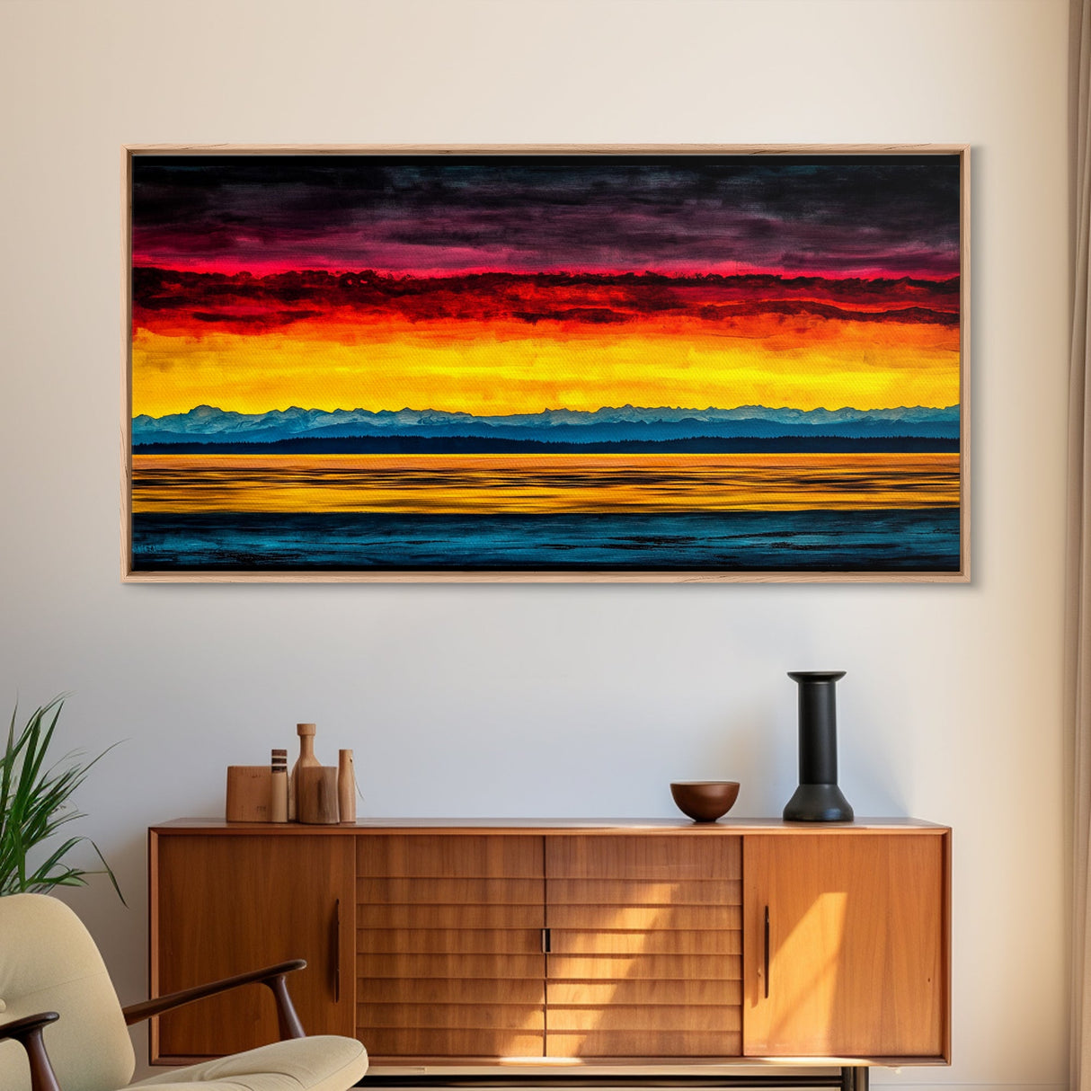 Sunset Over Water, Colorful Horizon Painting, Coastal Wall Art, Extra Wide Art, Framed Canvas Print, Above Sofa Art, Ocean Lover Gift