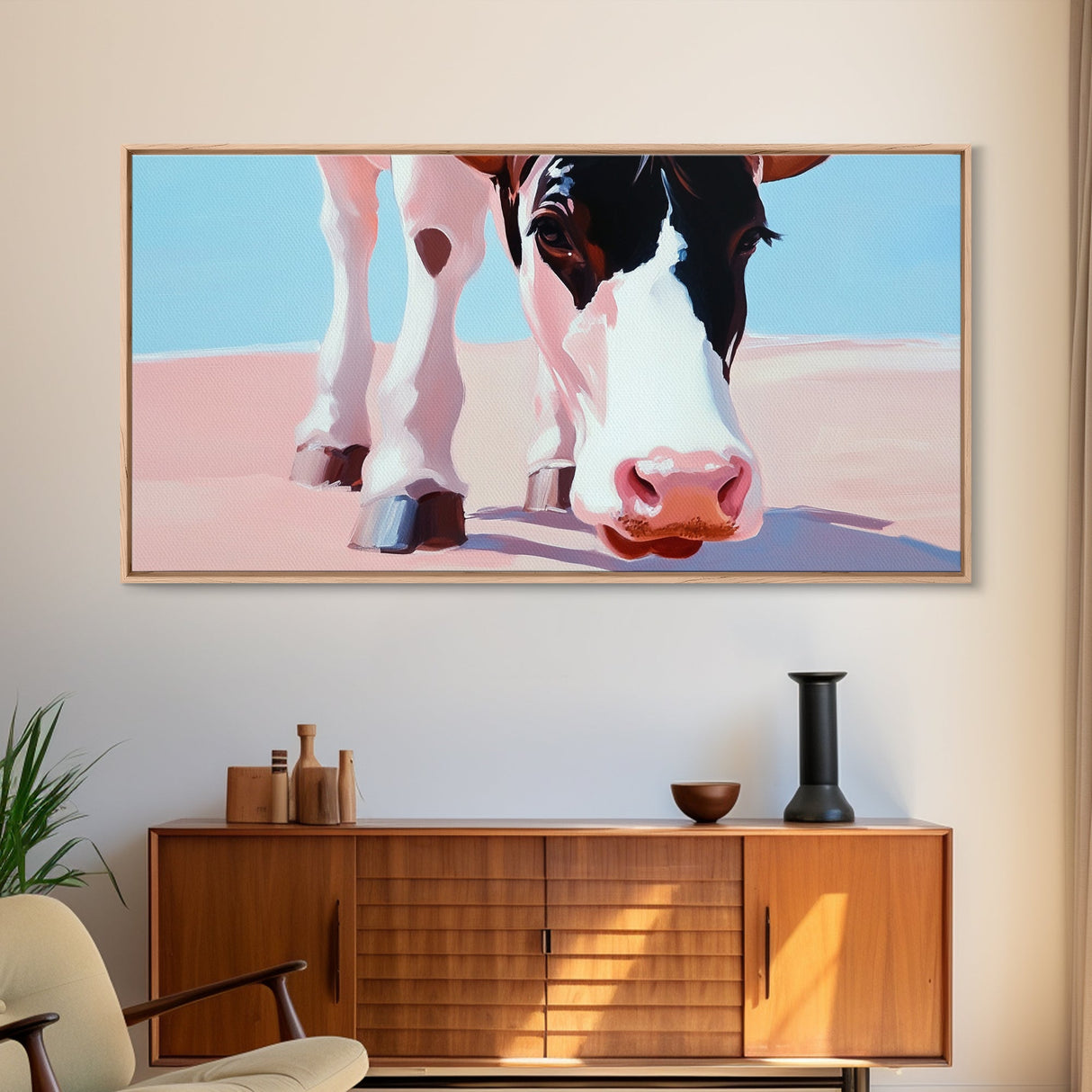 Longhorn Cow, Bull and Bear Art, Rustic Decor, Farmhouse Art, Southwest Wall Art, Light Pink Wall Art, Canvas Print, Living Room Art