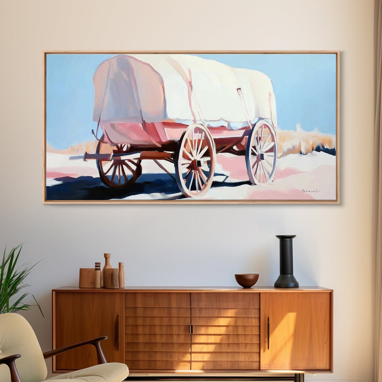 Covered Wagon, Vintage Western Art, Rustic Wall Art, Farmhouse Art, Coastal Cowgirl Wall Art, Light Pink Wall Art, Framed Canvas Print, Extra Wide Art