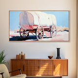 Covered Wagon, Vintage Western Art, Rustic Wall Art, Farmhouse Art, Coastal Cowgirl Wall Art, Light Pink Wall Art, Framed Canvas Print, Extra Wide Art