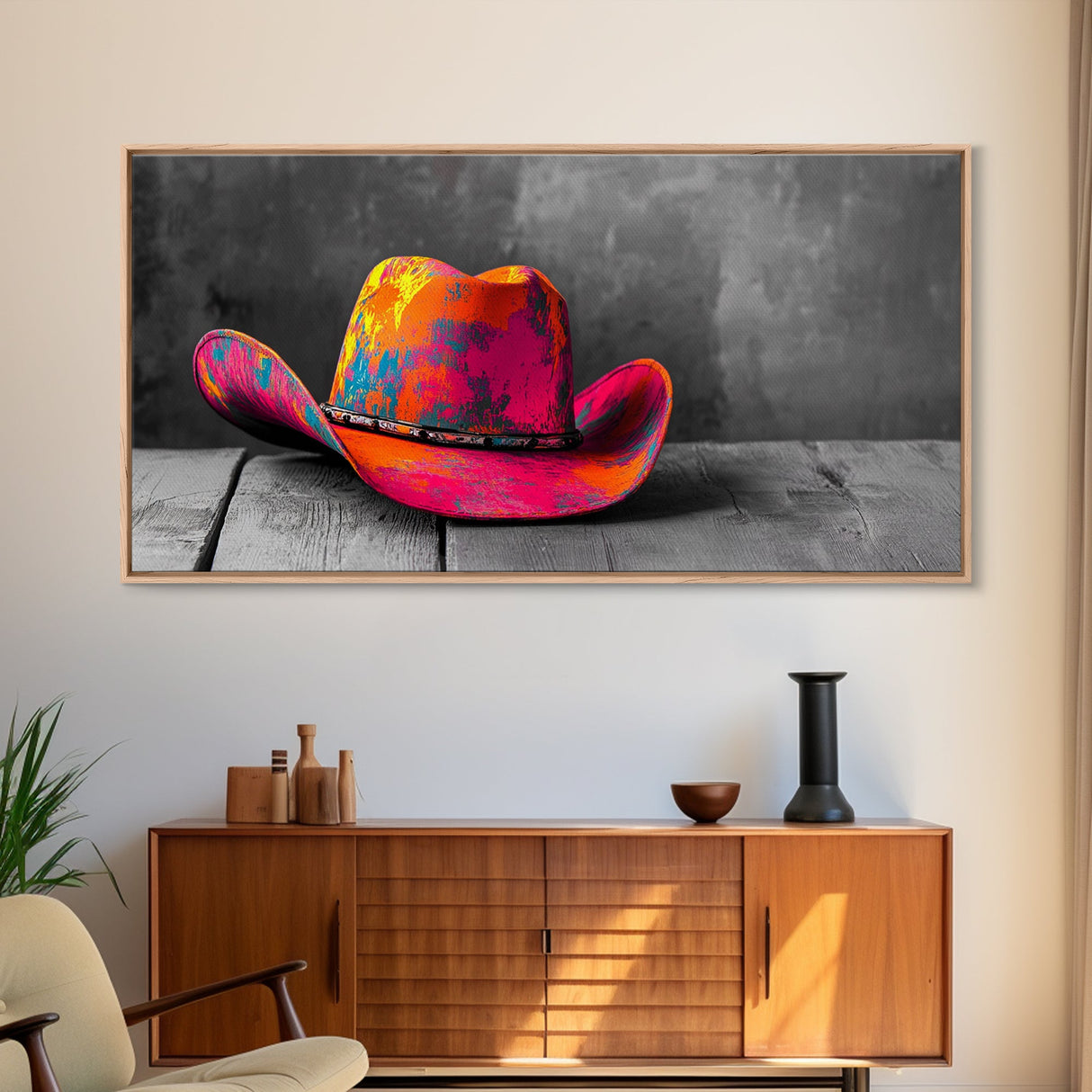 Vibrant Cowboy Hat Framed Canvas Print | Western Wall Art | Chicano Art | Moody Art | Southwest Decor | Rustic Art | Extra Wide Art