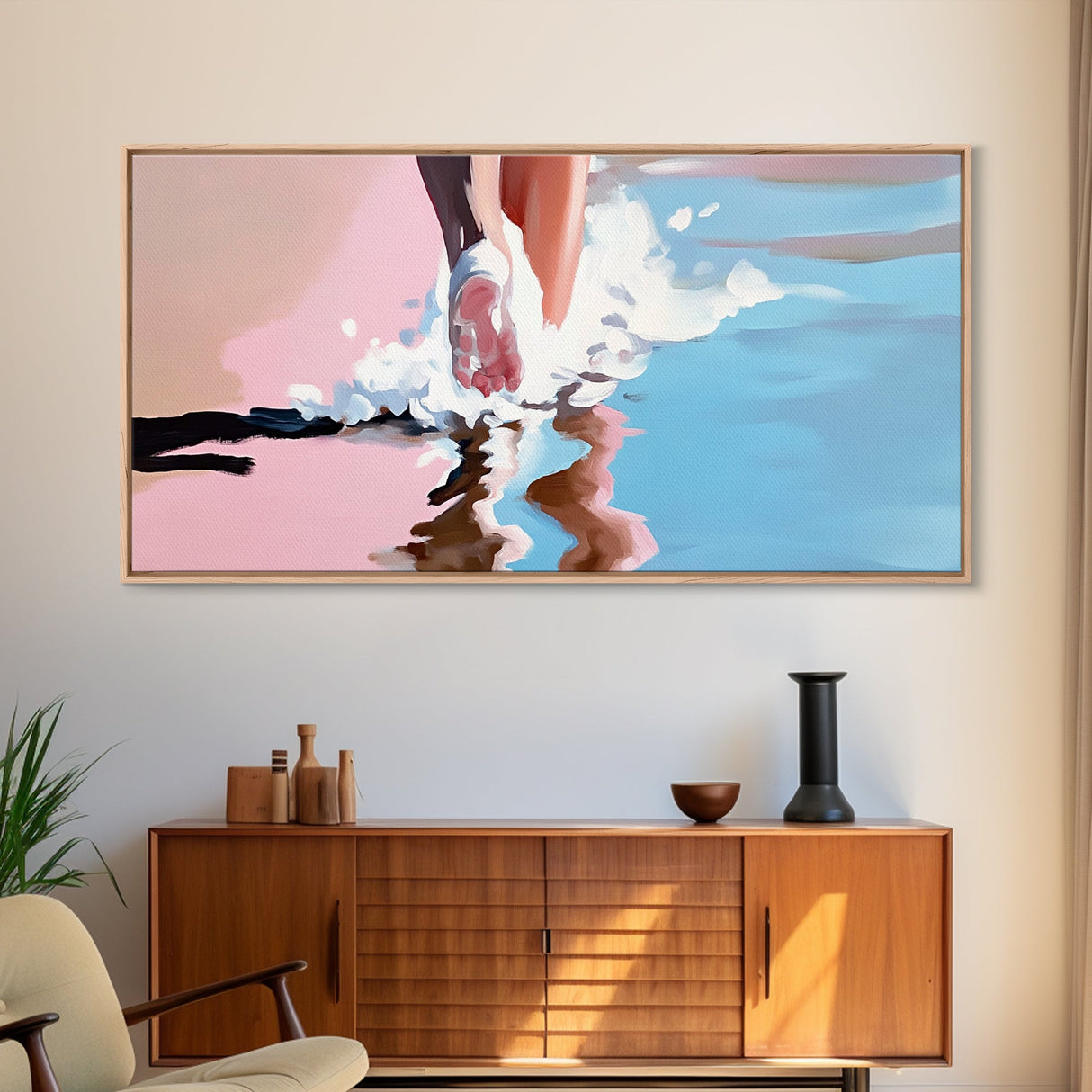 Barefoot Beach Walk, coastal decor, ocean painting, seascape painting, pink abstract art, light pink wall art, canvas print