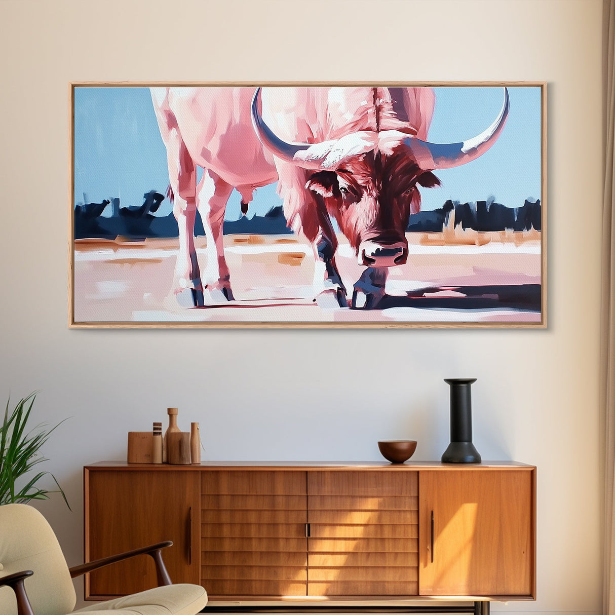 Texas Longhorn, rustic decor, bull and bear art, southwest wall art, pink orange wall art, extra wide art, framed canvas print