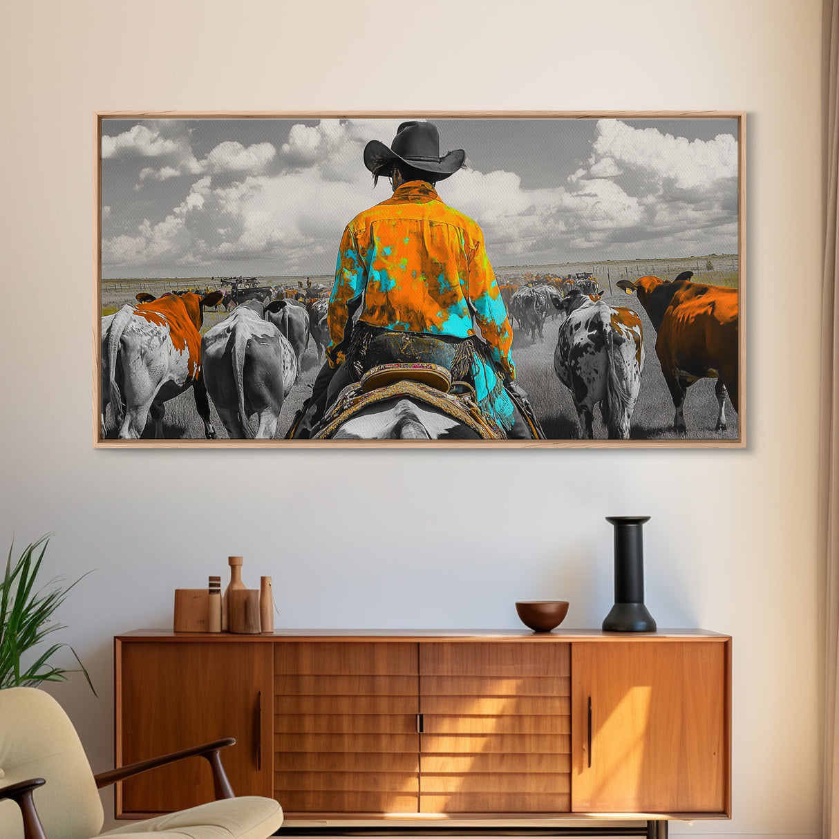 Western Cowboy Herding Canvas Print Rustic Wall Art Southwest Wall Art Black Cowgirl Painting Farmhouse Art Extra Wide Panoramic Art