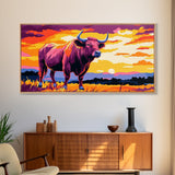 Bull Sunset, bull and bear art, rustic wall art, farmhouse decor, sunset painting, moody art, framed canvas print