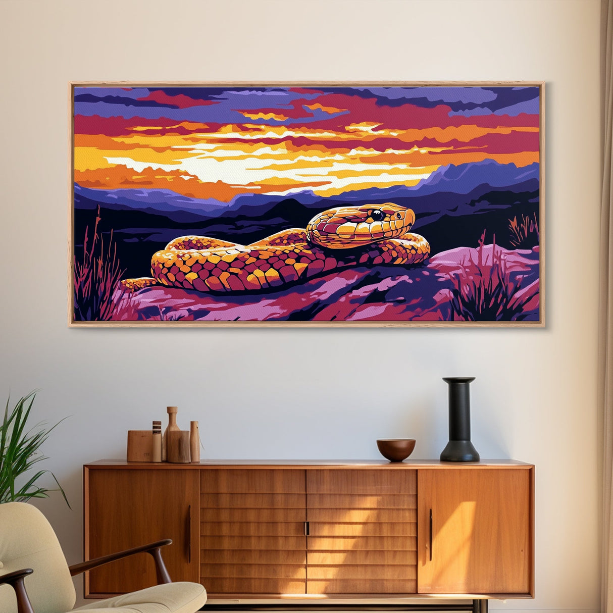 Rattlesnake Sunset, wildlife painting, southwest wall art, mountain painting, rustic decor, panoramic art, Framed Canvas Print, farmhouse art