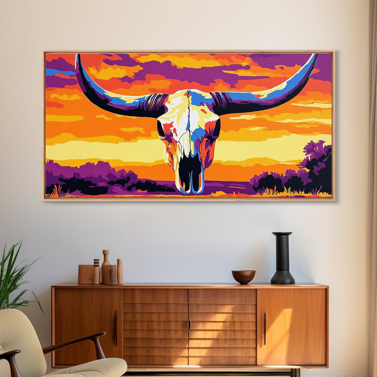 Skull, bull, desert art, cowboy decor, boho wall art, moody sunset, extra wide art, rustic decor, framed canvas print