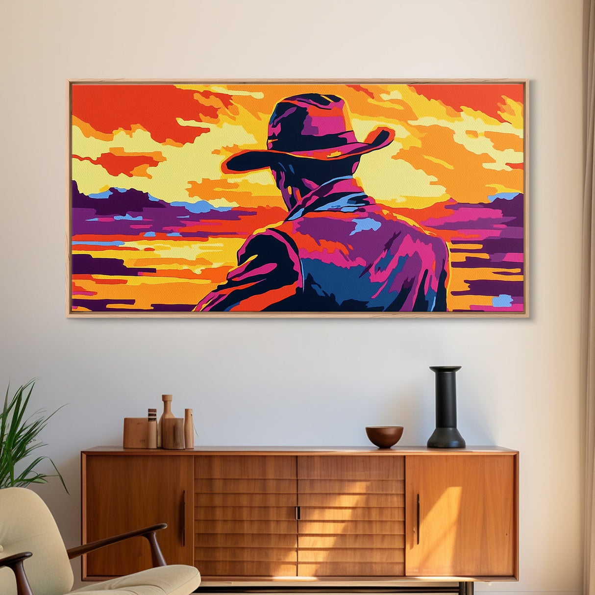 Cowboy, western silhouette, sunset art, ranch aesthetic, moody wall art, bold colors, extra wide art, rustic decor, framed canvas print