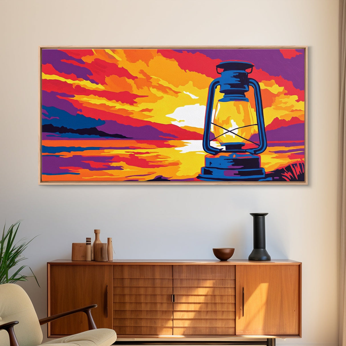 Lantern, rustic, western glow, vintage camping, cowboy night, scenic sunset, farmhouse wall art, extra wide art, canvas print