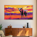 Bull, cattle, western ranch, cowboy lifestyle, moody colors, rustic home decor, scenic landscape, extra wide art, canvas print