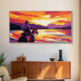 Cowboy on horseback, western silhouette, river sunset, rustic art, moody landscape, extra wide painting, vintage western, framed canvas print