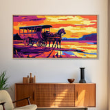 Horse carriage, old west, sunset scene, rustic western art, nostalgic painting, moody colors, extra wide wall art, canvas print