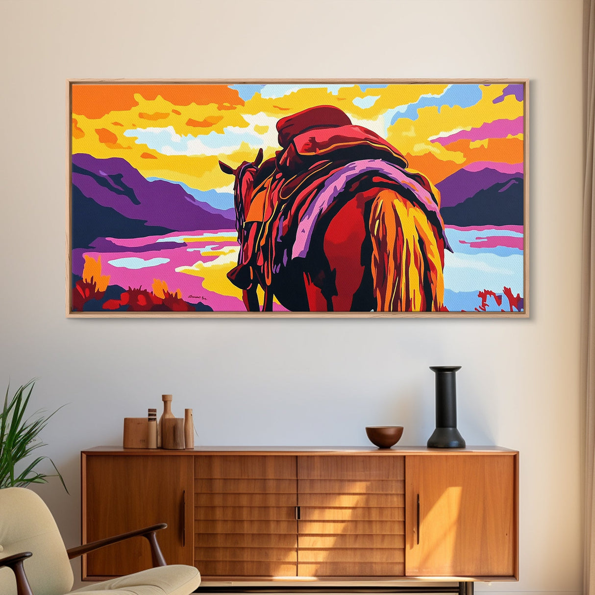 Pack horse, rugged adventure, cowboy aesthetic, mountain sunset, rustic decor, extra wide art, nostalgic western, framed canvas print