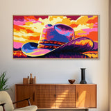 Cowboy hat, western decor, rustic style, bold colors, country aesthetic, southwest wall art, moody sunset, framed canvas print