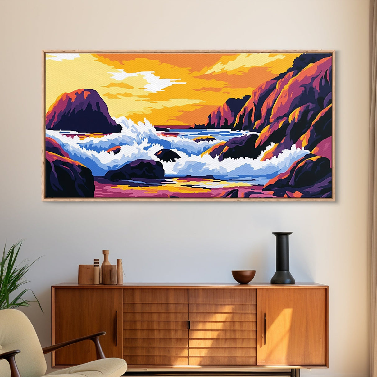Ocean waves, coastal decor, rocky seascape, beach sunset, nautical wall art, panoramic art, coastal painting, framed canvas print