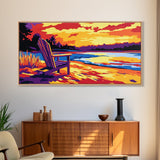 Adirondack chair, lake view, relaxing sunset, cabin art, rustic landscape, extra wide art, nature lover decor, canvas print