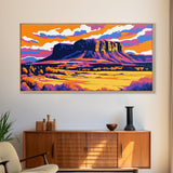 Mesa, desert sunset, southwest decor, extra wide wall art, western landscape painting, panoramic painting, framed canvas print