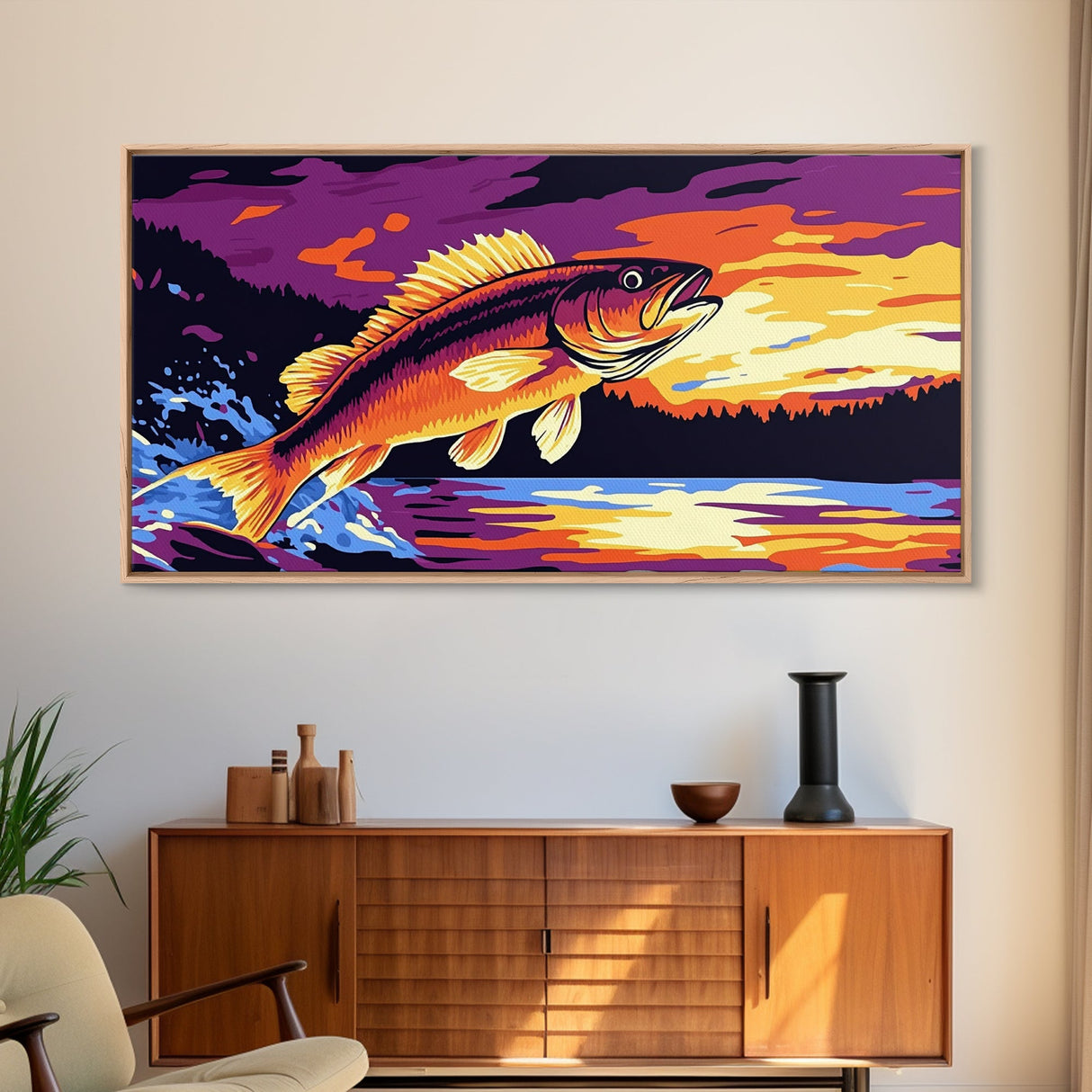 Jumping Bass, Fly Fishing Art, Rustic Decor, Horizontal Wall Art, Landscape Painting, Framed Canvas Print, Above Couch Art, Nautical Decor