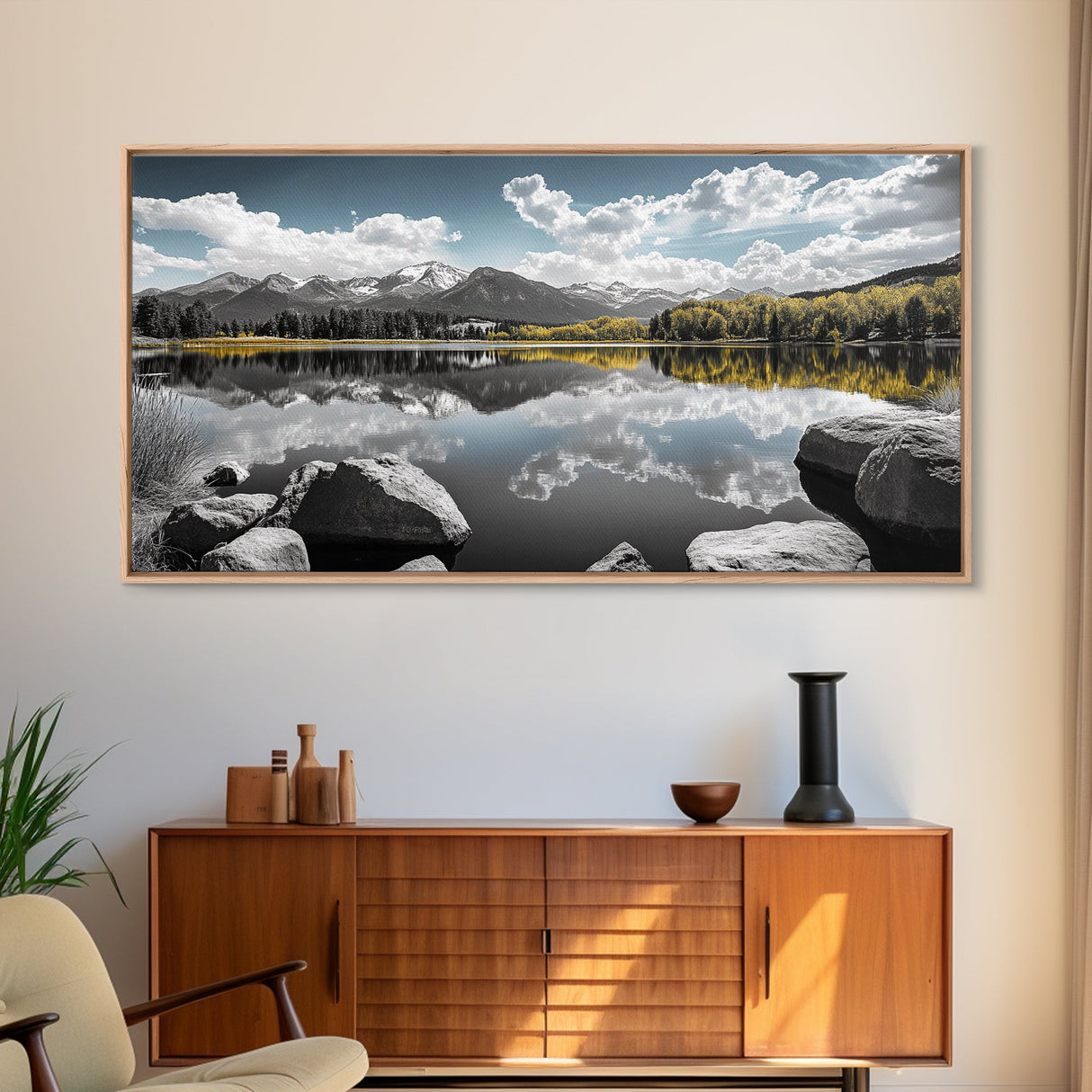 Majestic Lake Reflection Canvas Print Landscape Painting Mountain Painting Nature Wall Art Bedroom Art Extra Wide Panoramic Art