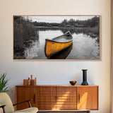 Rustic Canoe on Lake, coastal landscape art, lake Tahoe art, wabi sabi wall art, extra wide art, nautical decor, rustic art, Framed Canvas Print