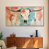 Longhorn Skull Art, southwest wall art, boho art, rustic decor, skull art, extra wide art, wabi sabi art, framed canvas print, farmhouse art
