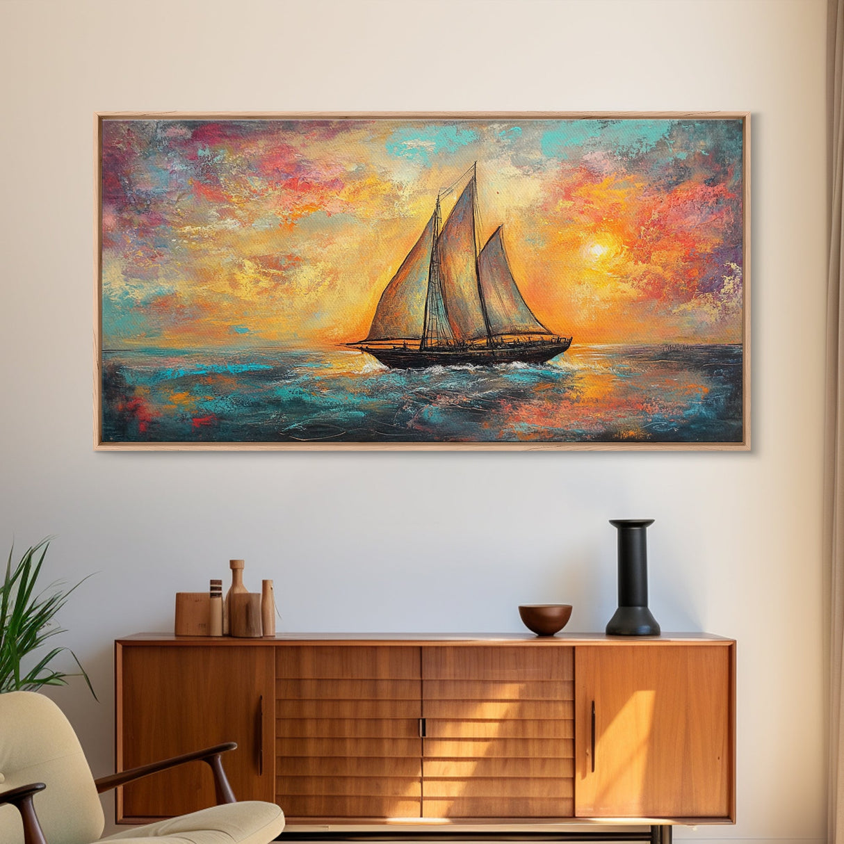 Sailboat at Sunset, nautical painting, coastal decor, seascape painting, beach house art, extra wide art, oil painting, canvas print