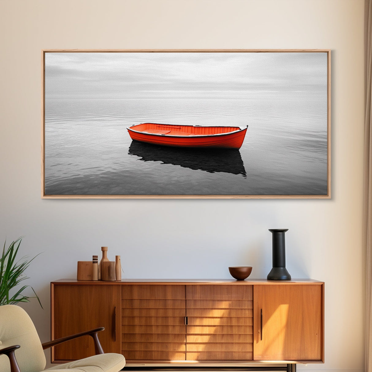 Lone Red Boat, coastal wall art, seascape painting, nautical decor, minimalist art, black and white photography, above couch art, Framed Canvas Print