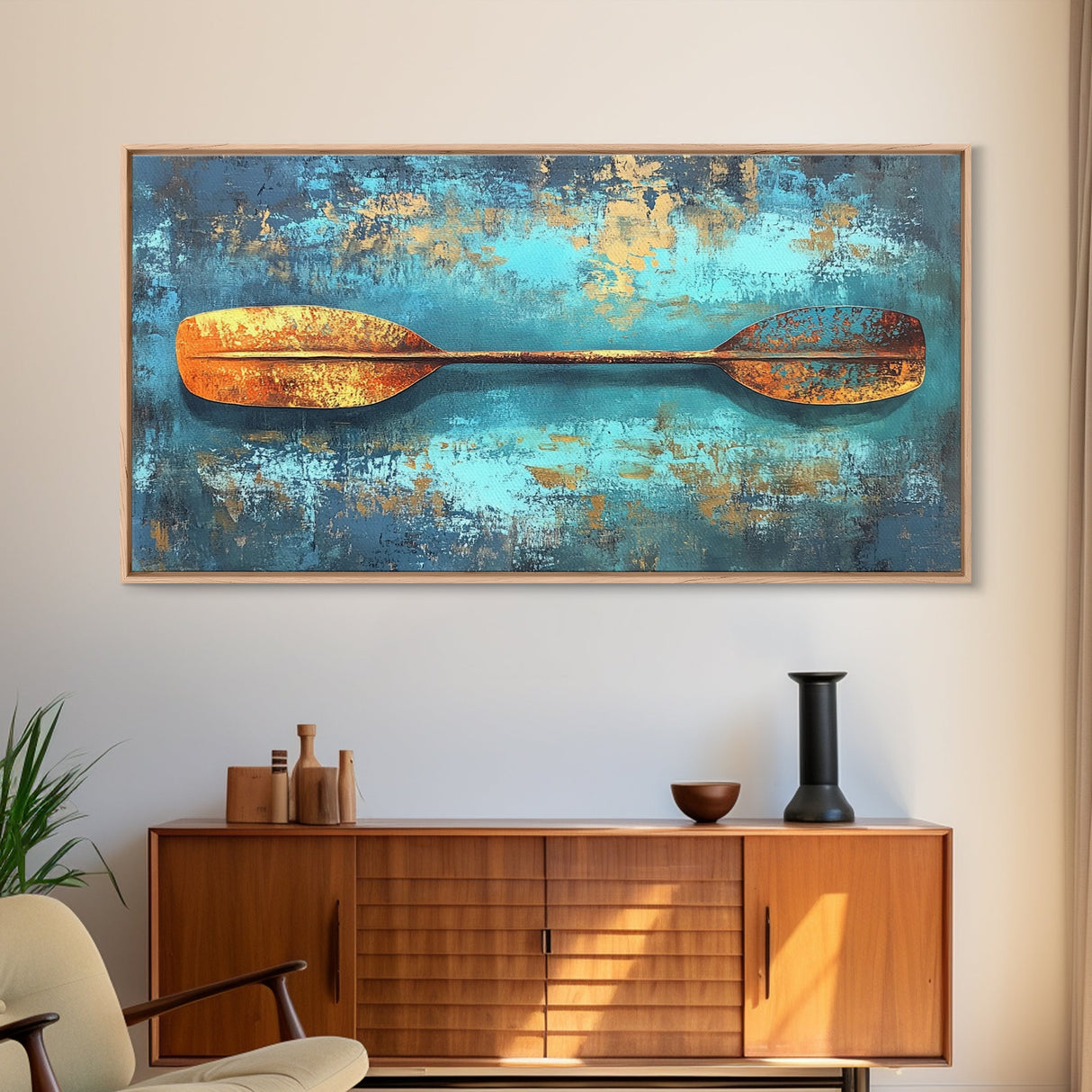 Rustic Oar, Coastal Decor, Nautical Wall Art, Teal Wall Art, Wabi Sabi Art, Gift Idea Him, Above Sofa Art, Framed Canvas Print, Boho Art