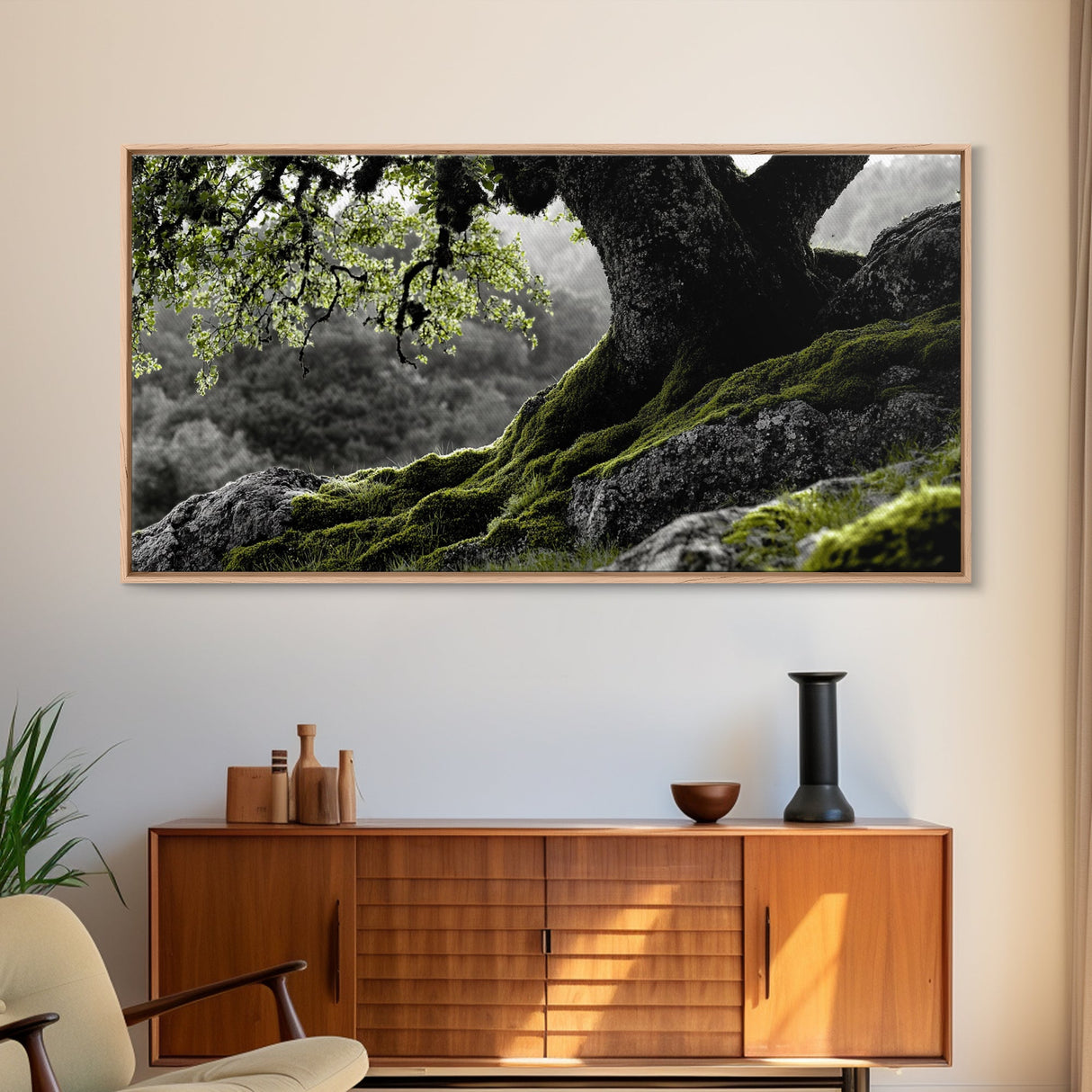 Mossy Oak Tree, oak tree art, nature wall art, rustic art, botanical prints, green wall art, extra wide art, Framed Canvas Print