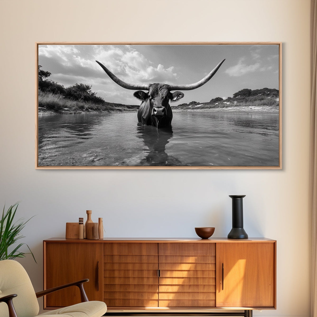 Longhorn in Water, rustic art, western decor, bull and bear art, cowboy wall art, farmhouse art, panoramic art, Framed Canvas Print
