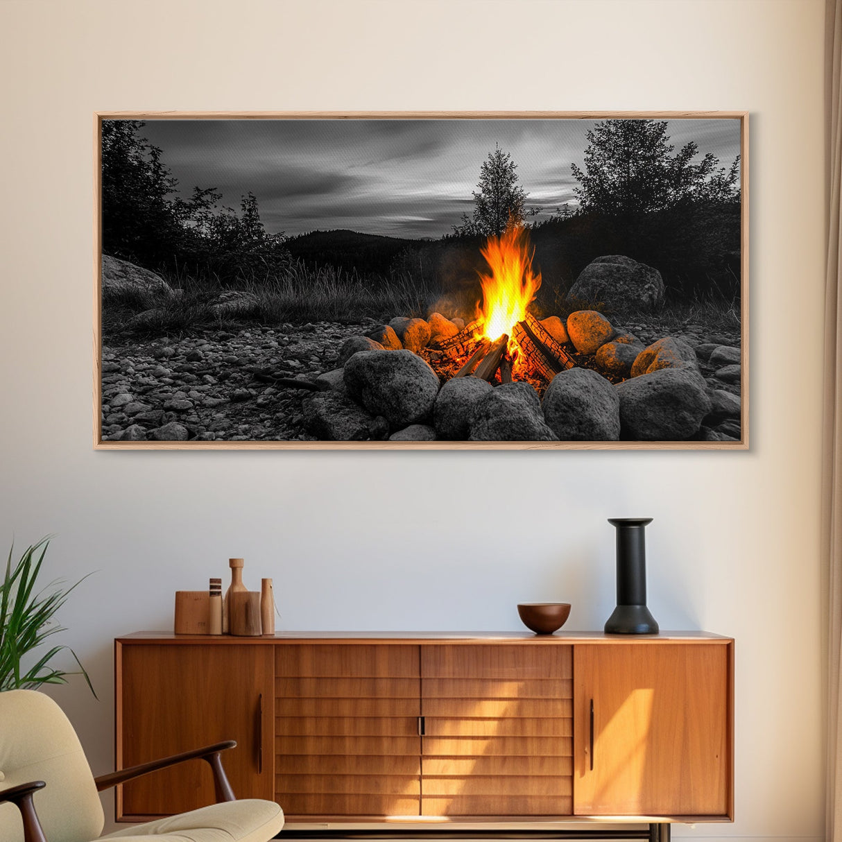Rustic Campfire Art Framed Canvas Print | Moody Art | Cozy Cabin Wall Art | Above Couch Art | Warm Fireplace Decor | Gift Idea | Fall Wall Art