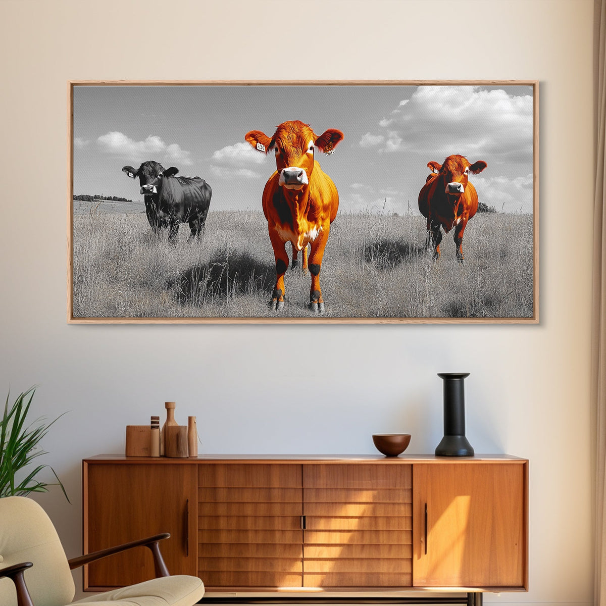 Highland Cows Canvas Print | Rustic Farmhouse Art | Black and White Cattle Painting | Moody Art | Above Sofa Wall Art | Extra Wide Art