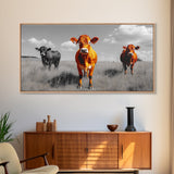 Highland Cows Canvas Print | Rustic Farmhouse Art | Black and White Cattle Painting | Moody Art | Above Sofa Wall Art | Extra Wide Art