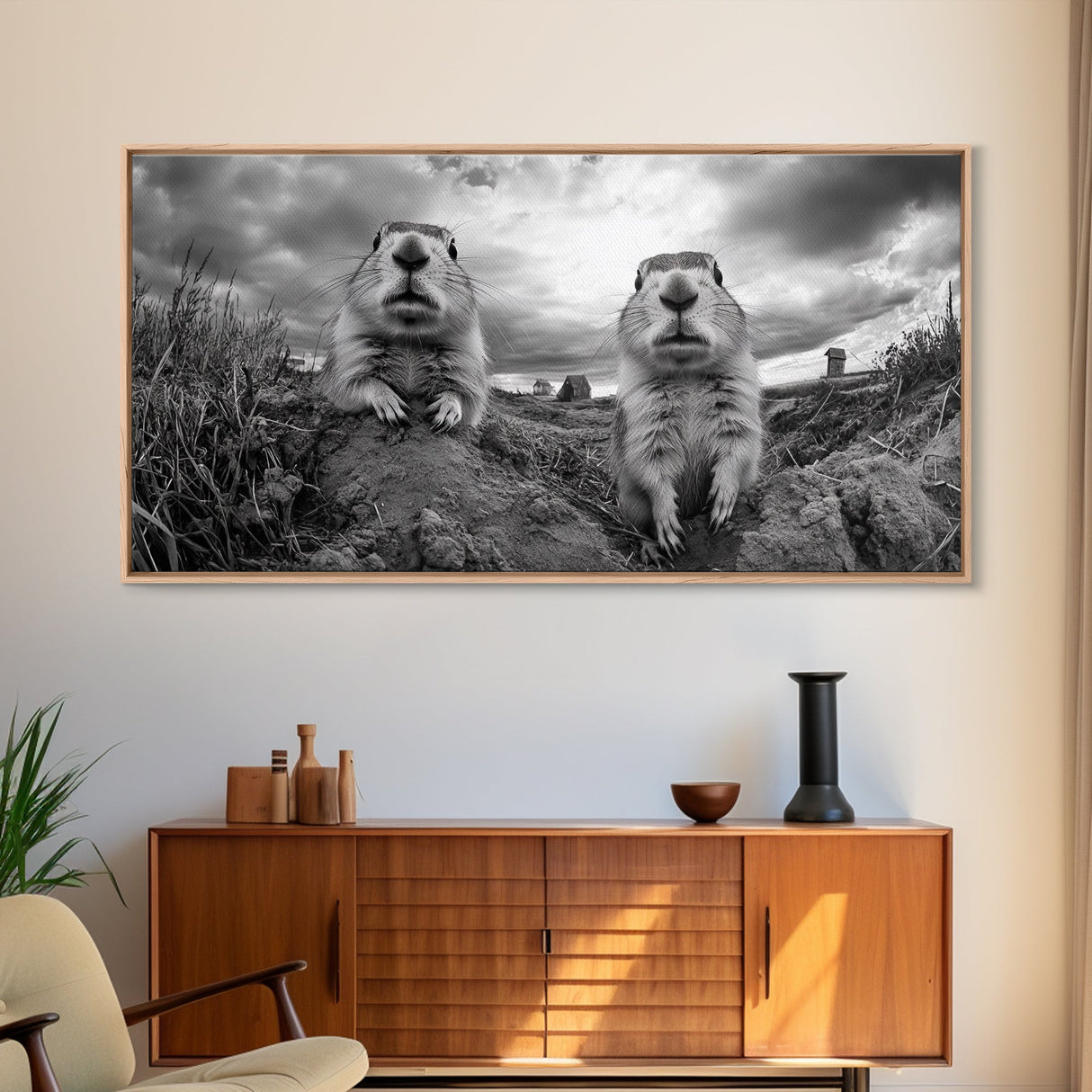Prairie dogs, whimsical art, rustic wall art, farmhouse art, nature painting, extra wide art, above couch art, framed canvas print