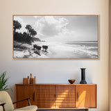 Cattle on beach, coastal cowgirl wall art, rustic decor, farmhouse art, landscape painting, panoramic painting, extra wide art, framed canvas print