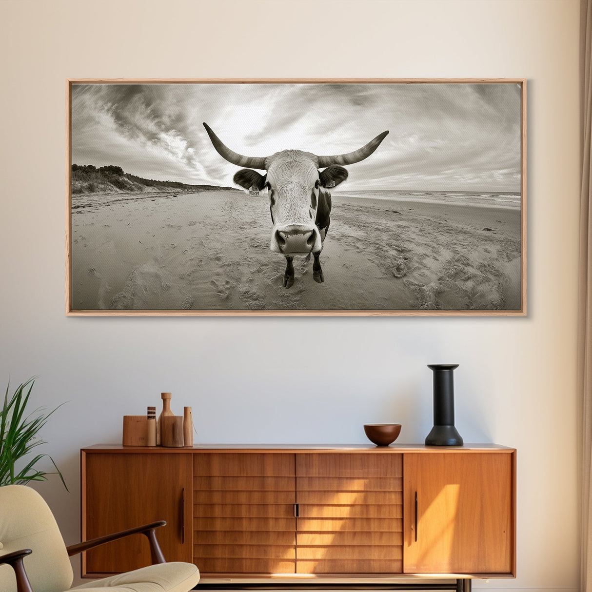 Longhorn, beach, western decor, rustic art, farmhouse art, extra wide art, above sofa art, panoramic painting, framed canvas print