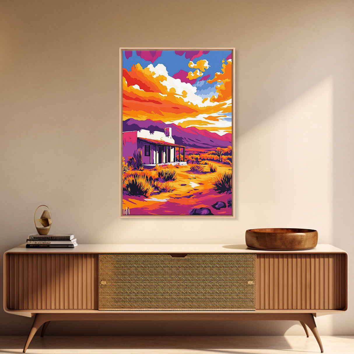 Southwest sunset, desert house, Joshua tree art, pink orange wall art, rustic wall art, boho art, framed canvas print, landscape painting